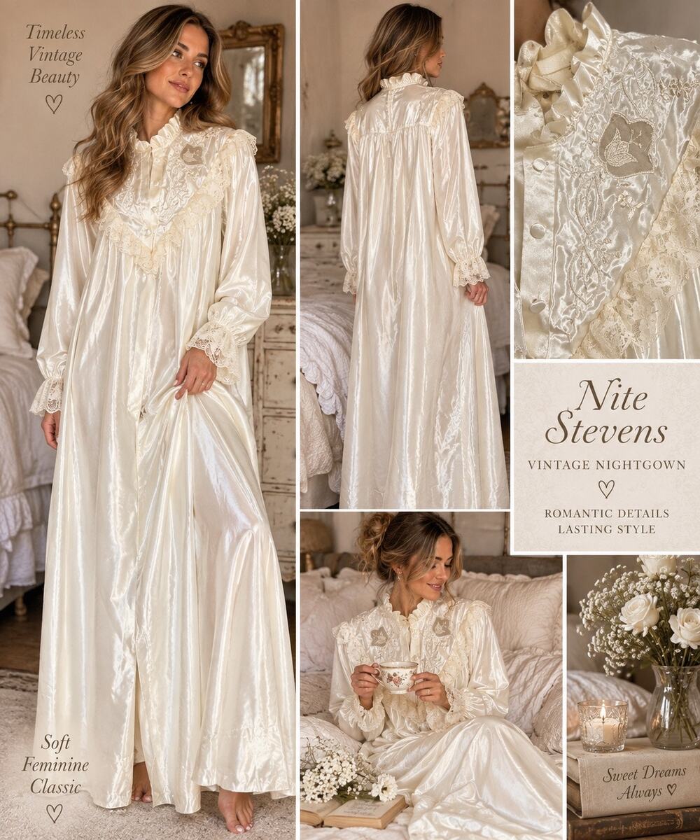 Vintage Nite Stevens Ivory Satin Lace Long Nightgown  Size Large USA Romantic